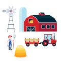 Red barn, harvesting tractor with semi-trailer and hay bale icon sign